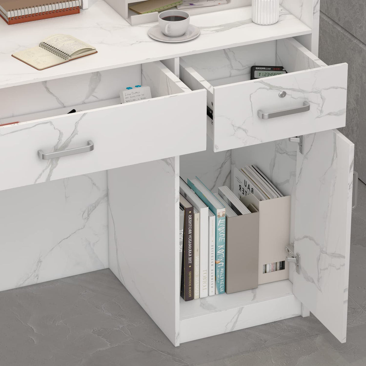 AIEGLE Reception Desk with Drawers & Storage Shelves, Reception Table with Private Panels, for Salon Reception Room Checkout Office, Marble White (47.3" L x 18.3" W x 43.3" H) AIEGLE