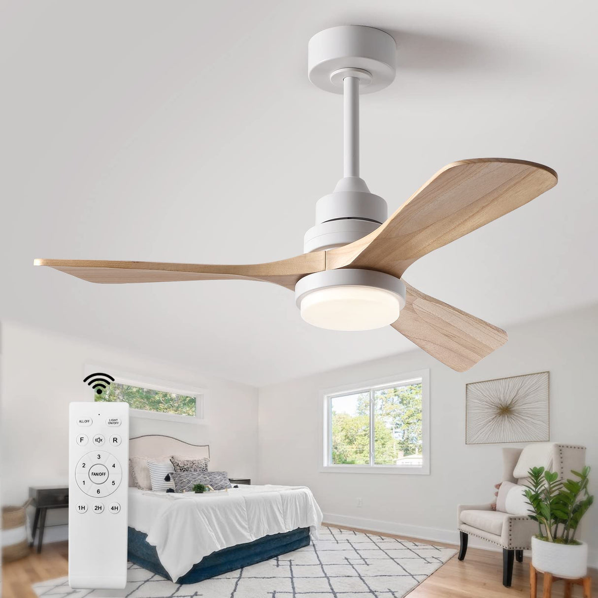 FXZZ 42" Wood Ceiling Fans with Lights and Remote, Quiet Reversible DC Motor and 3 Color LED Light, 3 Blades 6 Speed Ceiling Fan for Farmhouse Living Room Bedroom Dining Room Workroom Study FXZZ