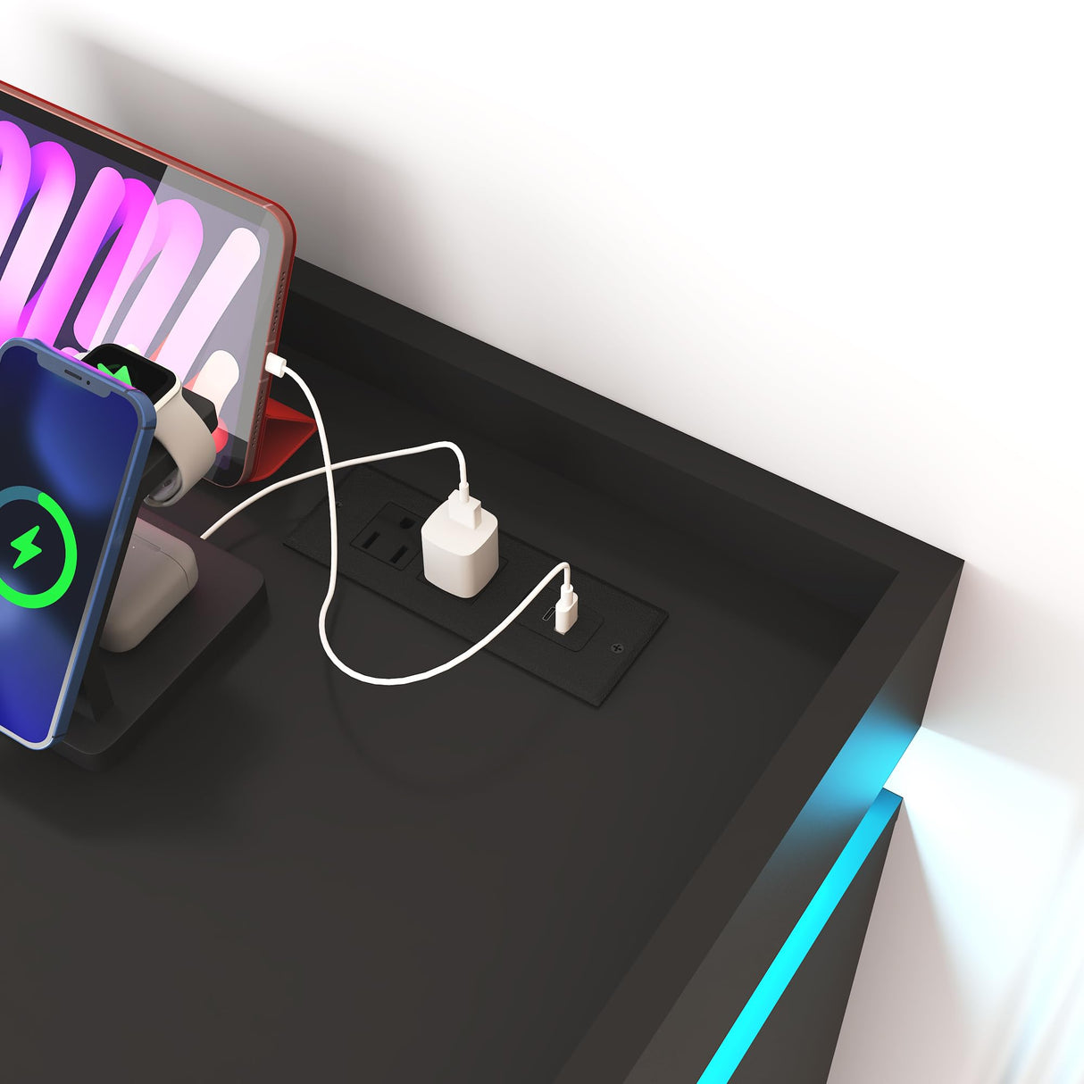 Hlivelood 8 Drawer Dresser with LED Light and Charging Station, Modern Chest of Drawers for Closet, Wide Drawer Organizer Cabinet for Bedroom, Living Room, Entryway, Hallway(Black) Hlivelood