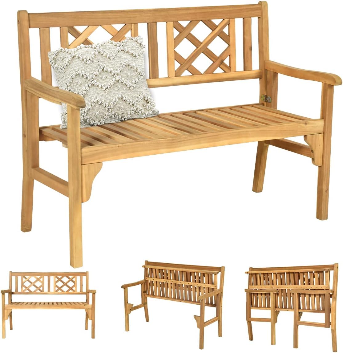 SPORFIT Rustic Garden Bench, Foldable Outdoor Bench with High Back & Armrest, 4 FT Acacia Wood Bench, 2-Person Loveseat Chair for Front Porch, Patio, Backyard & Park, Light Teak Finish SPORFIT