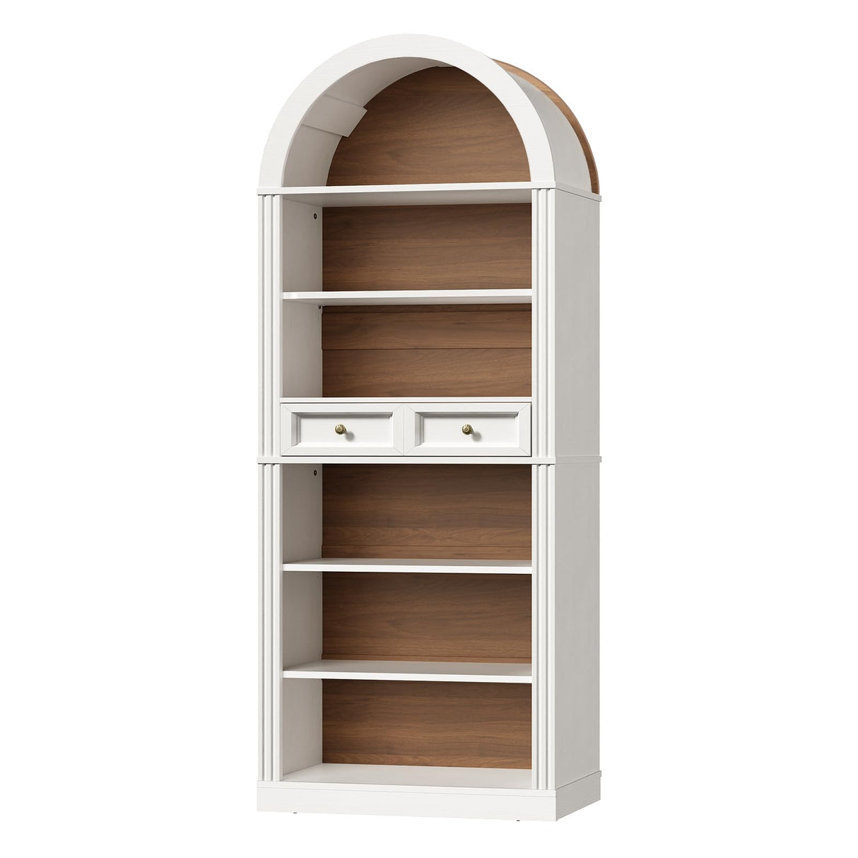RALGEND Arched Bookshelf, 73" Tall Arch Bookcase with Drawers, 6-Tier Farmhouse Book Shelf, Wooden Bookshelf with Open Display Shelves for Living Room, Office, Adjustable Shelf, Walnut and White RALGEND