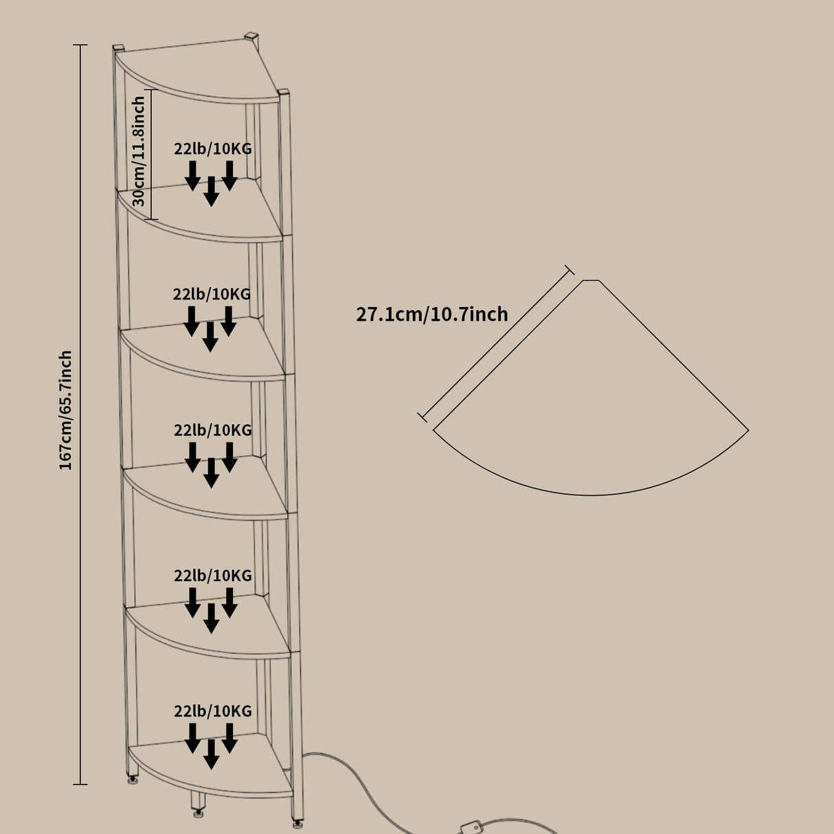 HONGOUZWL Corner Shelf with LED Lights, 6-Tier Corner Bookshelf, 66'' Organizer Book Shelf Shelves Steel Frame Display Stand with Living Room, Bedroom, Study, Rustic Brown HONGOUZWL
