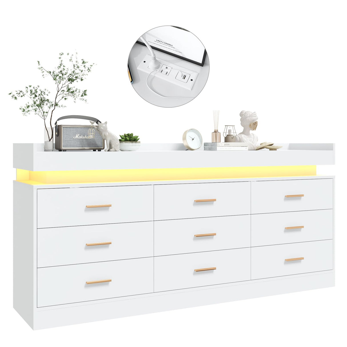 jiteentarou 9 Drawer Dresser with Charging Station and LED Lights, Modern Chest of Drawers with Power Outlet, Organizer Cabinet for Bedroom, Living Room, Entryway, White jiteentarou