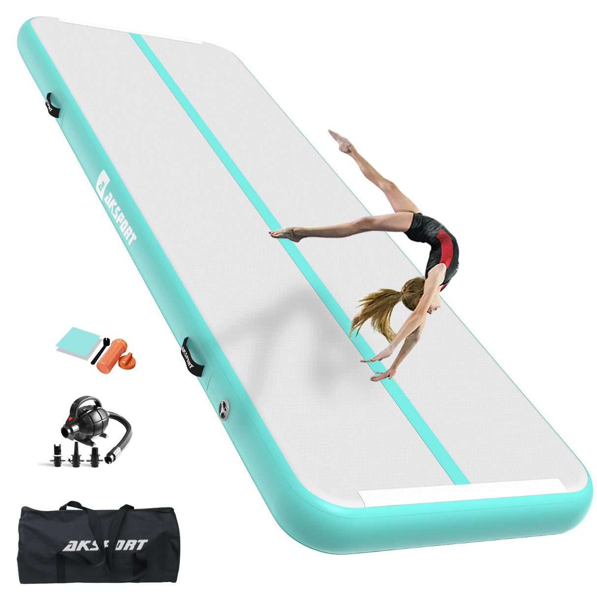 AKSPORT Air Mat Tumble Track 10ft 13ft 16ft 20ft Gymnastics Tumbling Mat Inflatable Tumble Track with Electric Air Pump for Home Use/Tumble/Gym/Training/Cheerleading (Mint Green, 13.12x3.28x0.66ft) AKSPORT
