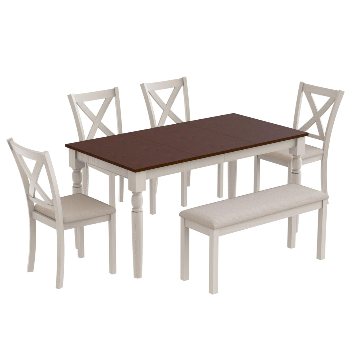 HOPETANA 6-Piece Dining Room Set - Rectangular Solid Elm Wood Table with Bench & Upholstered Chairs, White/Brown HOPETANA