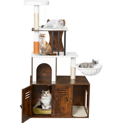 Snughome Cat Tree with Litter Box Enclosure Furniture, 2-in-1 Modern Cat Tower, 58.66’’ Wood Cat Condo with Scratching Post and Hammock, Pet Furniture with Large Platform, Rustic Brown