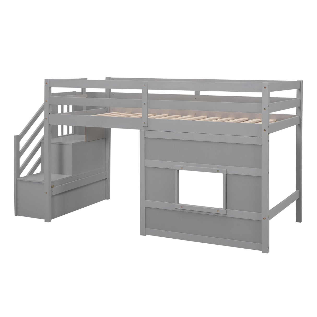 Favfurish Twin Size Grey Loft Bed with Storage Staircase and Playful Window Design Favfurish