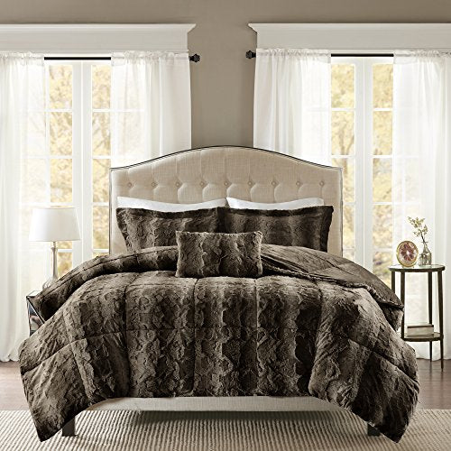 Madison Park Zuri Soft Plush Comforter Set, Faux Fur Animal Stripes Design, Faux Mink On The Reverse, Modern All Season Bedding Set with Matching Sham, Full/Queen, Chocolate Madison Park