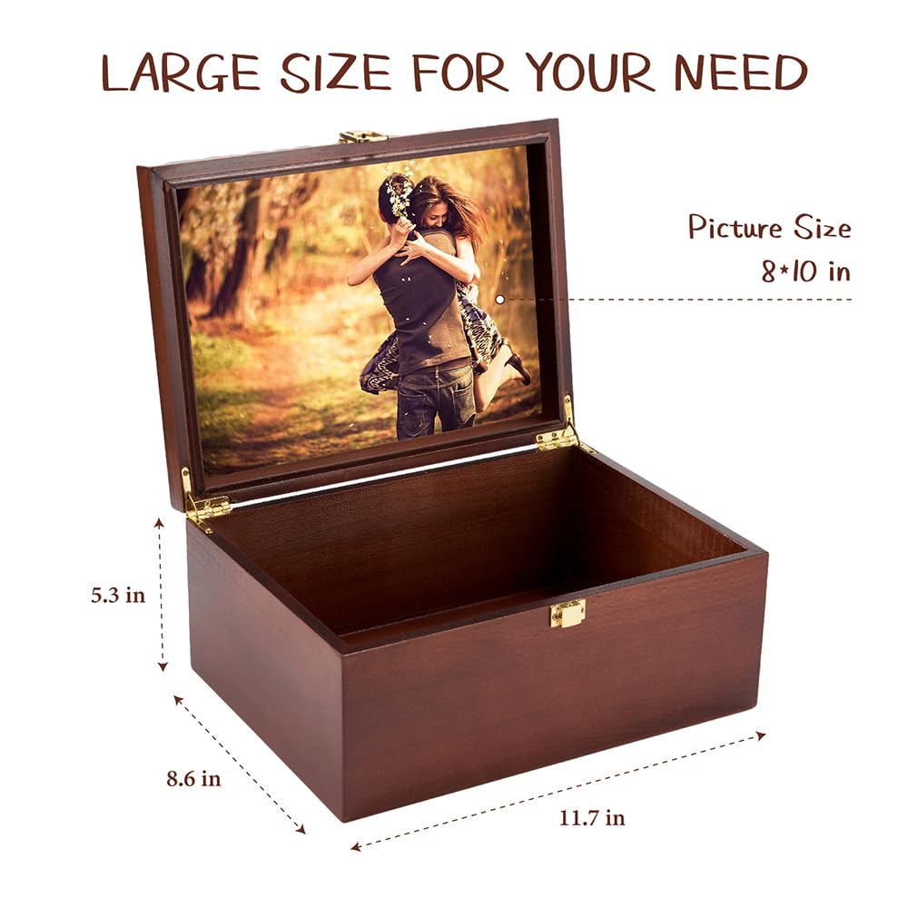 Larger Wooden Memory Keepsake Boxes With Hinged Lids and a photo frame inside the lid - Decorative Storage Box With a Hinge Lids For Picture Letter EVA murmure