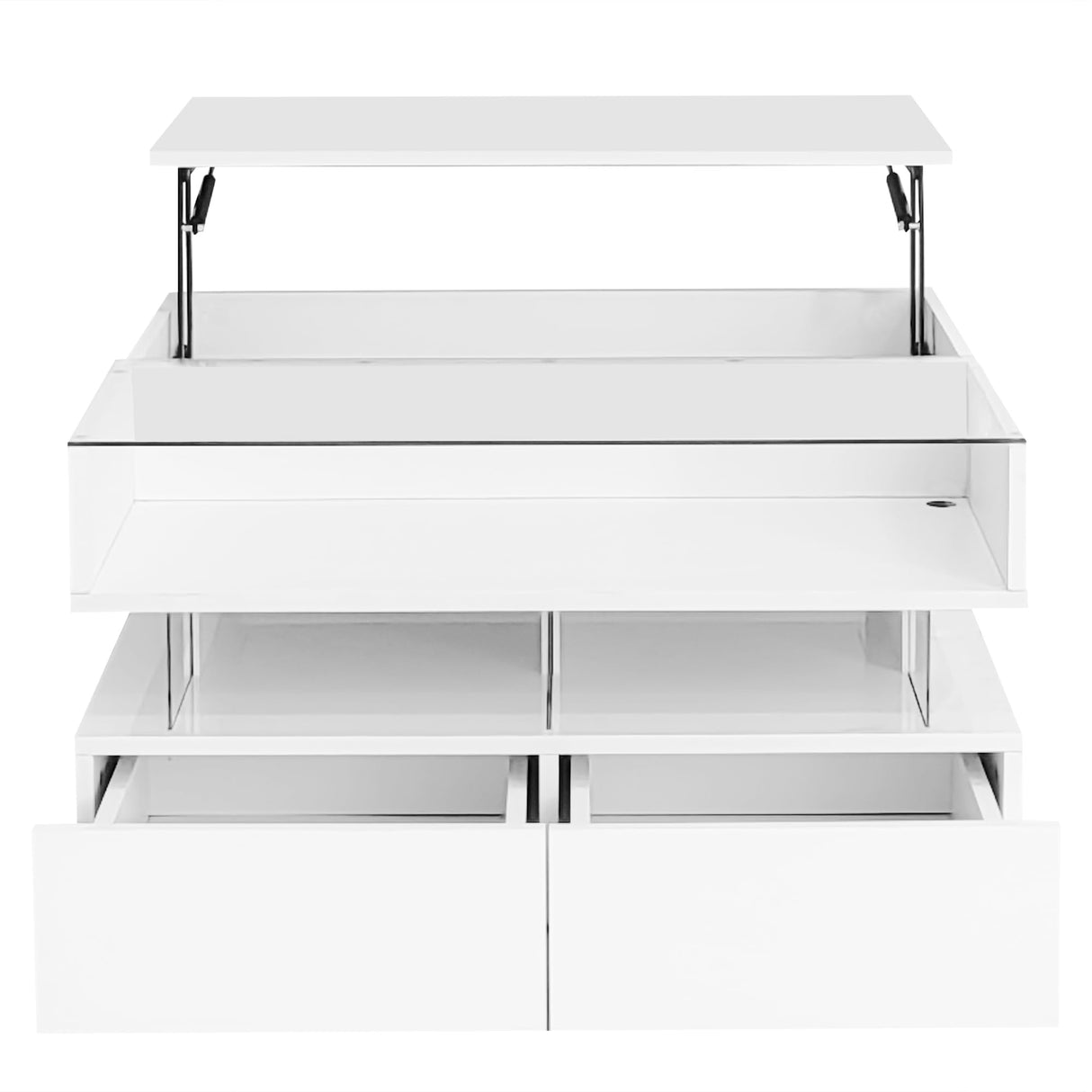 Lift-Top Coffee Table with 2 Drawers, LED Lights Square Coffee Table with Glass Top and High-Gloss Finish, Hidden Space for Living Room, Party, Office, Reception (White-@R) Tdewlye