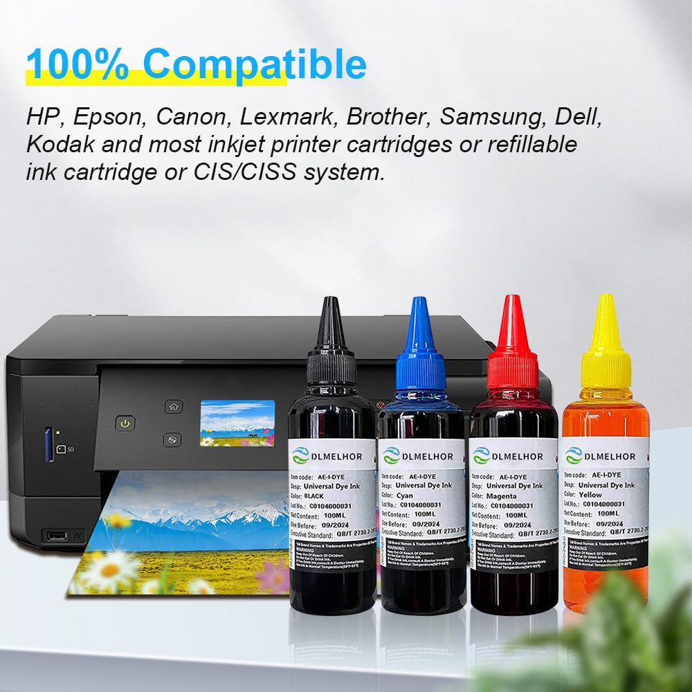 Universal Dye Ink Refill Kit for HP Canon Epson Brother Lexmark Samsung Dell Kodak Inkjet Printers 4 Color Set Compatible Cartridges Refillable Cartridge CISS CIS System with 4 Syringes,400ml DLMELHOR