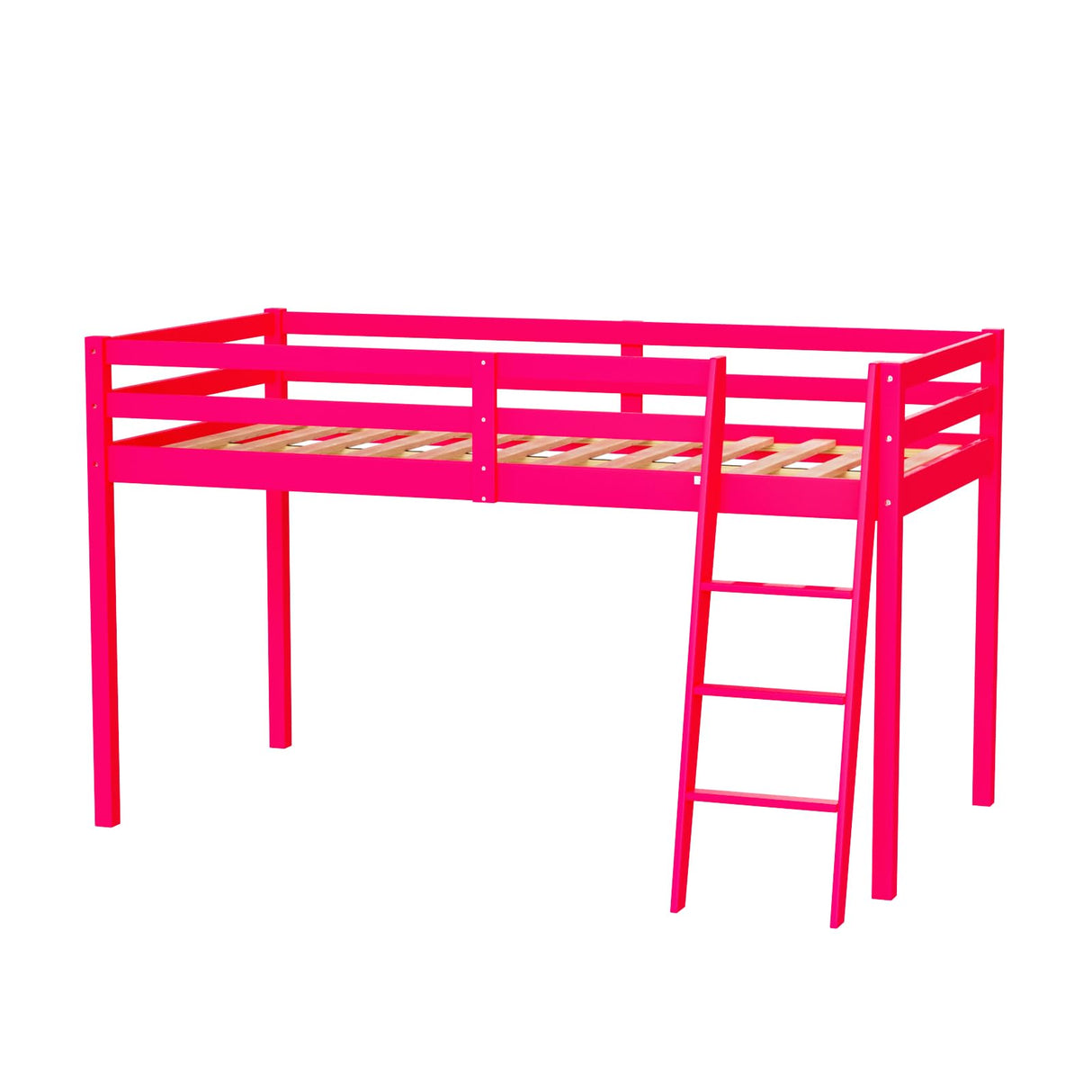 Bonnlo Low Loft Bed Twin Size with Inclined Stairs, Junior Loft Bed with High Guard Rail for Kids/Young Teens/Adults, Solid Wood Low Bunk Bed Twin Size Pink, No Box Spring Required Bonnlo