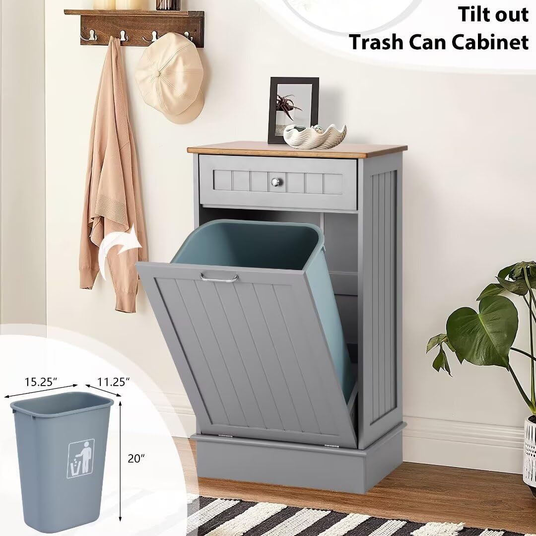 KIGOTY Tilt Out Trash Can Cabinet Wooden Kitchen Single Pull Out Trash Can Under Cabinet,Grey KIGOTY