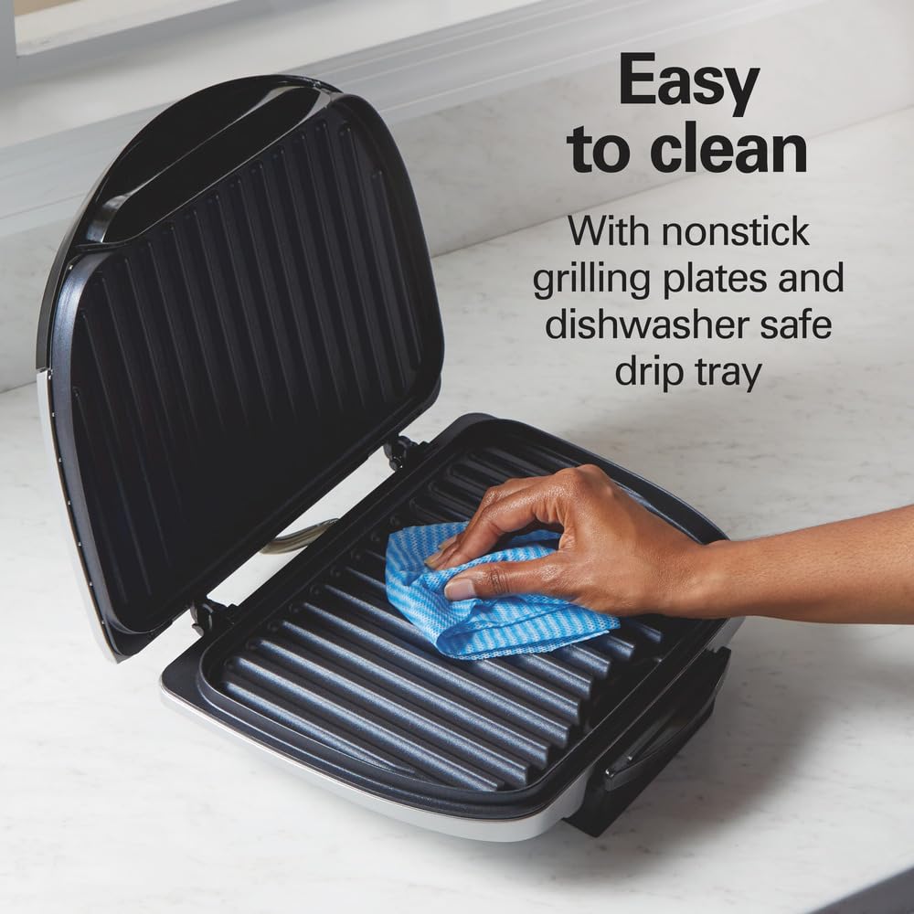 Hamilton Beach Electric Indoor Grill, 6-Serving, Large 90 sq. in. Nonstick Easy Clean Plates, Floating Hinge for Thicker Foods, 1200 Watts, 6.38"D x 12.68"W x 13.78"H , Silver (25371) Hamilton Beach