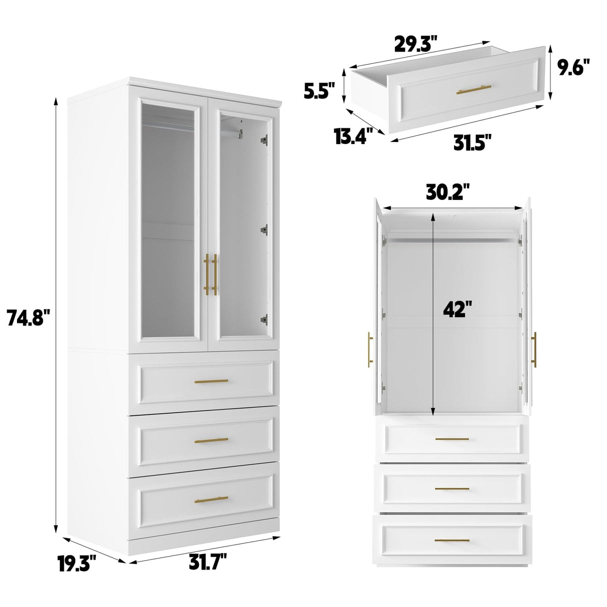 FUFU&GAGA Wardrobe Closet with Glass Doors, Modern White Bedroom Armoire with Gold Handles, Modern Clothes Storage Cabinet with 3 Drawers, Hanging Rod, 31.7”W x 19.3”D x 74.8”H FUFU&GAGA