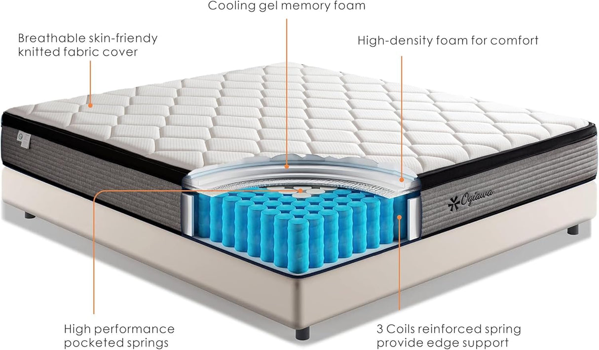 OGlAWA Queen Size Mattress Memory Foam 14 inch Gry Queen Mattress a Box indvidual Pocket Sping Breathable Comfontable for Sleep Suporive Pressure Reie. (14 inch, Queen) OGIAWA