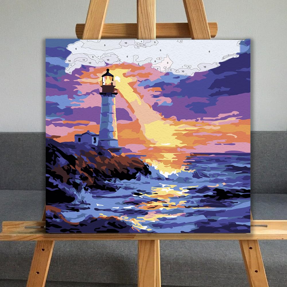 JUJUHOOD Sunset Lighthous Framed Paint by Numbers Kit for Adults Beginner & Kids Ages 8-12,Seaside Paint by Number Without Easel,Paint by Numbers for Gift Home Wall Decor (10x10Inch) JUJUHOOD