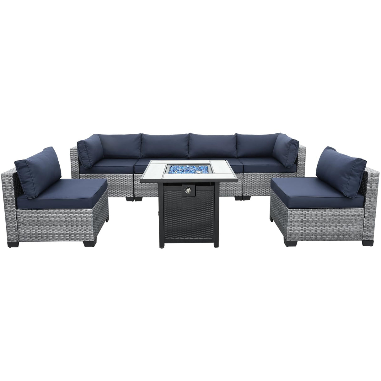 Valita 7 Piece Outdoor PE Wicker Furniture Set, Patio Gray Rattan Sectional Sofa Couch Adjustable Gas Fire Pit Dark Blue Cushions Valita