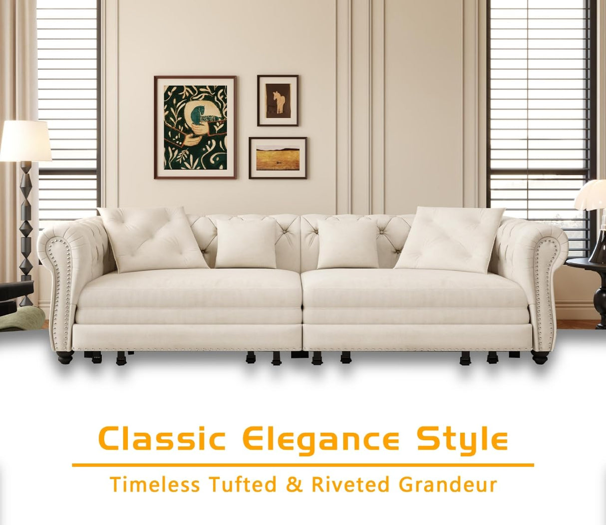 LuxyHoom 89" King Pull Out Sofa Bed, Velvet Chesterfield Sleeper Sofa Couch, 3 in 1 Convertible Tufted Futon Couches with Ottoman for Living Room, Small Space, Apartment, Office, Bedroom, Beige LuxyHoom