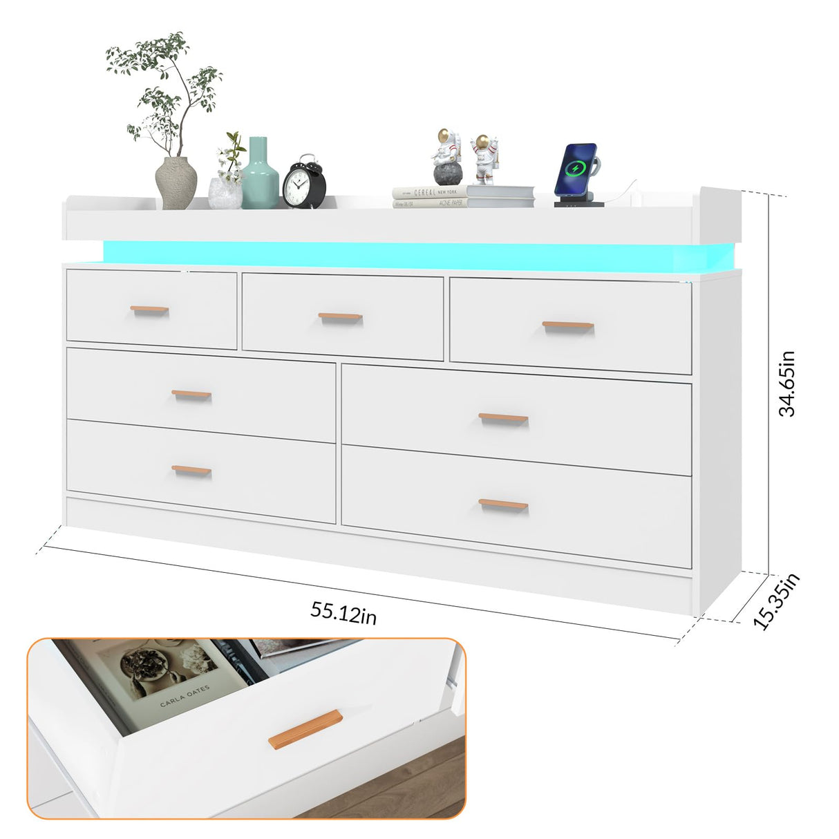 Hlivelood 7 Drawer Dresser with LED Light and Charging Station, Modern Chest of Drawers for Closet, Wide Drawer Organizer Cabinet for Bedroom, Living Room, Entryway, Hallway, White Hlivelood