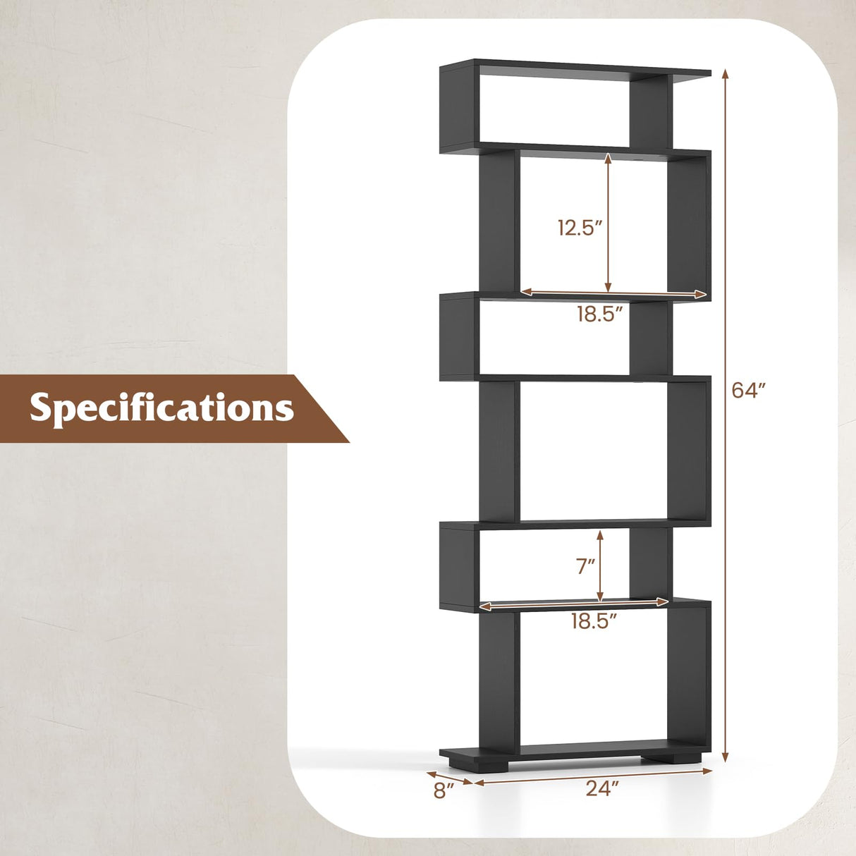 Tangkula 6-Tier S-Shaped Bookshelf, 64" Freestanding Geometric Bookcase, Home Office Wood Storage Shelf with Anti-Toppling Device, Room Divider Display Rack for Study, Living Room (1, Black) Tangkula