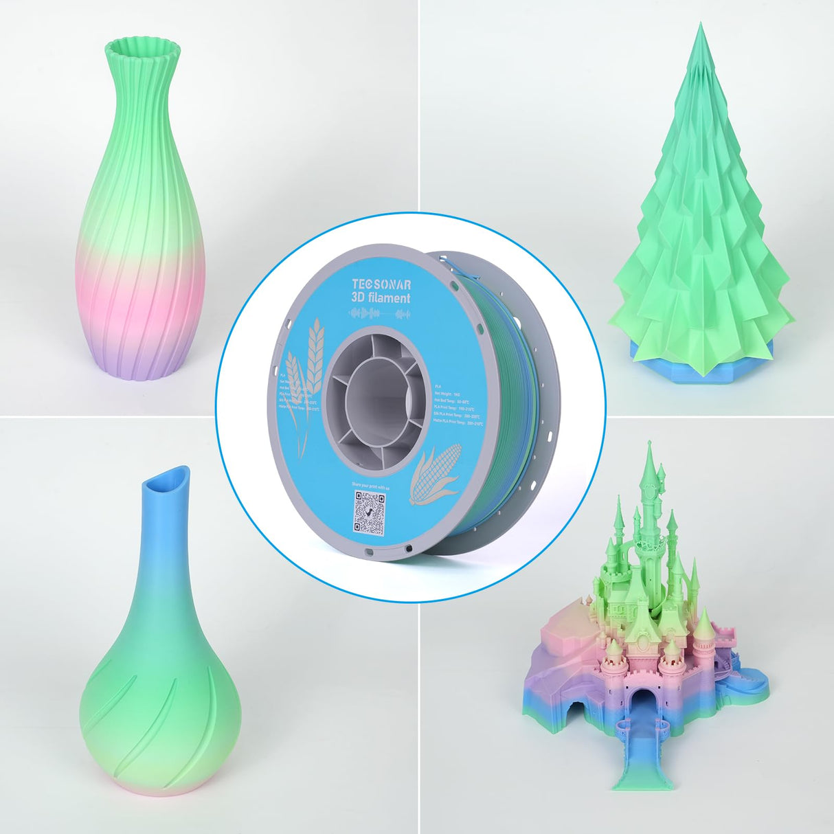 TECSONAR TECSONAR Matte Rainbow PLA 3D Printer Filament, 1KG Spool(2.2lbs) 1.75mm PLA Fast Color Change 3D Printing Material, Multicolor Gradient Filament for Most FDM 3D Printers,Matte Rainbow TECSONAR