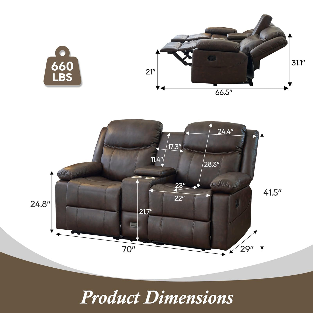 B BAIJIAWEI Loveseat Recliner, Reclining Sofa with Console, Double Reclining Couch, 2 Seater Manual Massage Couch for Living Room, Office, Home Theater(PU-Brown) B BAIJIAWEI