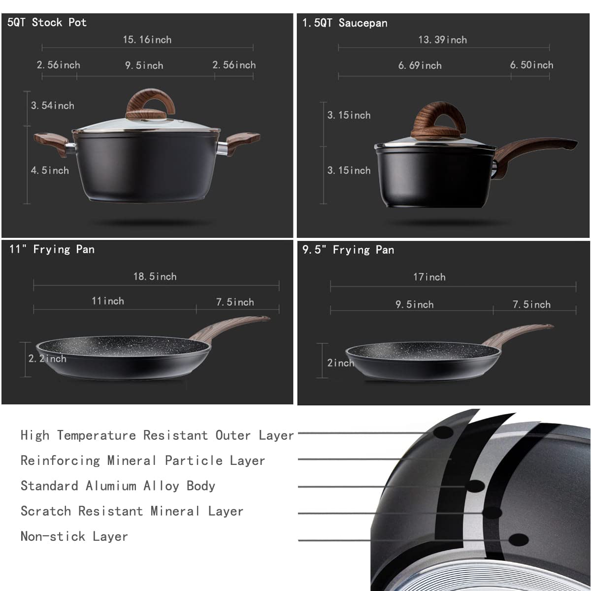 Vkoocy Pots and Pans Set Non Stick, Ceramic Cookware Set with Granite Pattern Kitchen Cooking Sets Induction Pot and Pan w/Frying Pans, Saucepans, Casserole, Non-Toxic, PTFE/PFOA/PFOS-Free, Black vkoocy