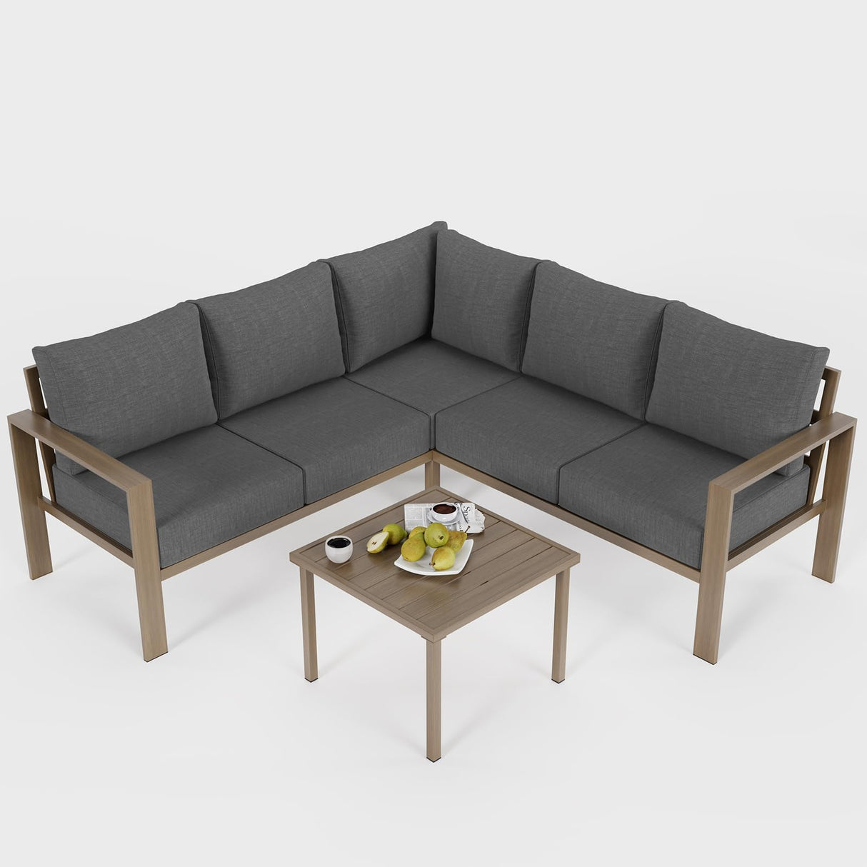 VONZOY 6 Pieces Patio Furniture Set, Wood-Look Metal Outdoor Sectional Furniture Conversation Set, L Shape Patio Couch with Side Table, 6.5" Thick Olefin Cushions for Garden, Backyard, Deck(Dark Grey) VONZOY