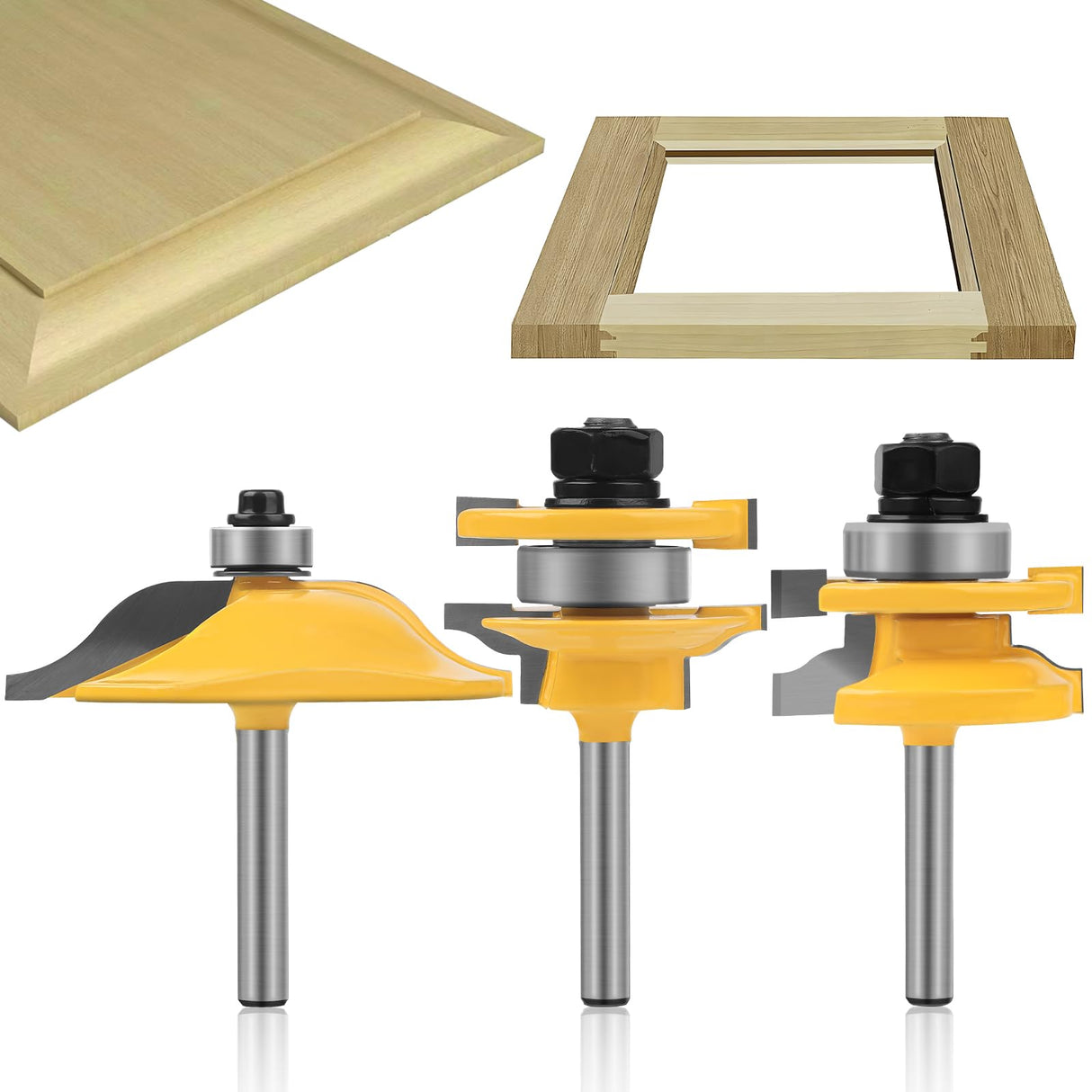 Raised Panel Router Bits,3PCS 1/4" Shank Router Bit Set,Cabinet Door Router Bits,Woodworking Tools Router Door & Window Bits (Tenon Cutter Diameter: 1-5/8") Tongue and Groove Router Bit Set yqlbgprj