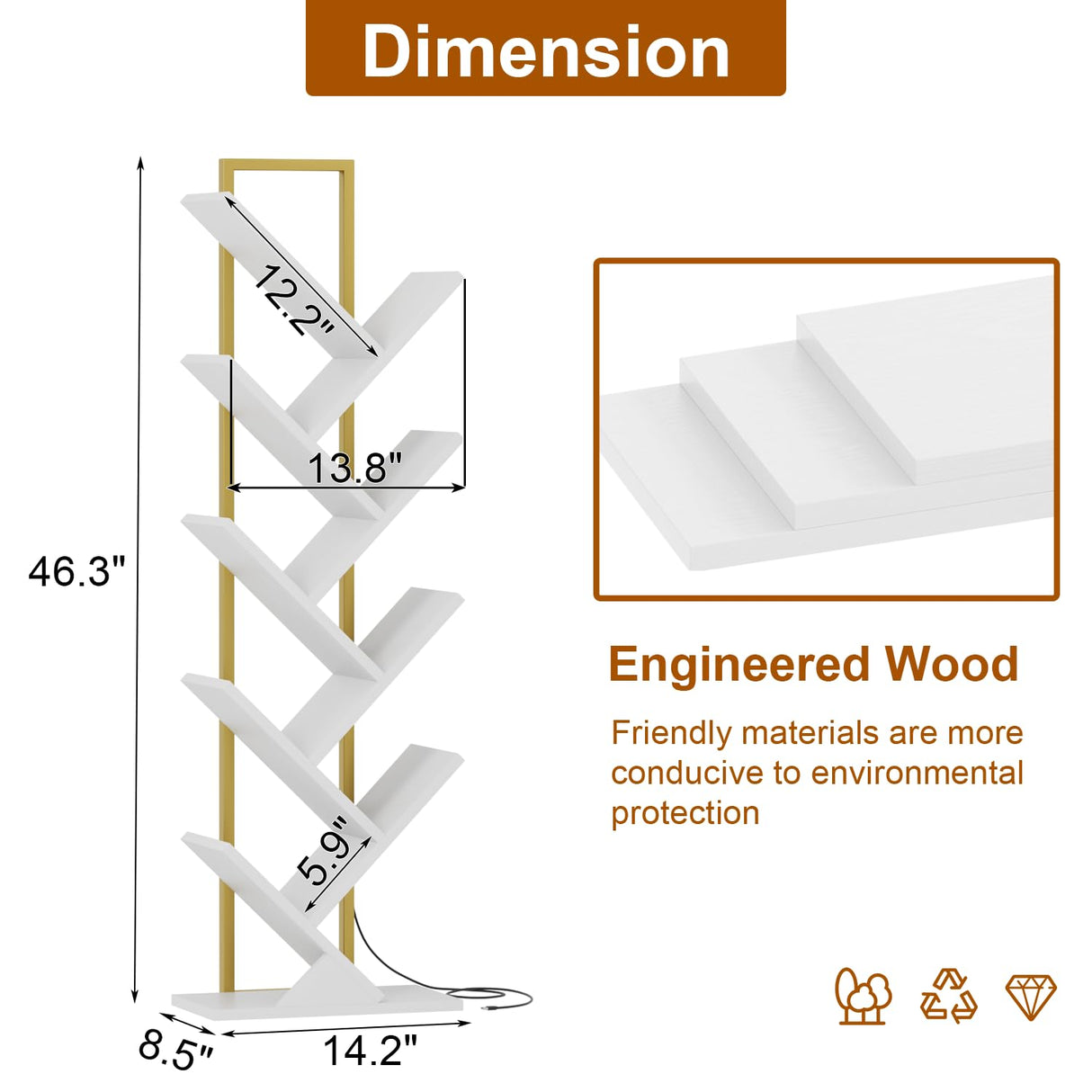 Qupui Bookshelf with LED Lights, 9 Tier Tree Bookshelf, Floor Standing Bookcase, Classical Corner Bookshelf Kids Bookshelf, Tall Bookshelf, White Book Shelf for Bedroom, Living Room, Home Office Qupui