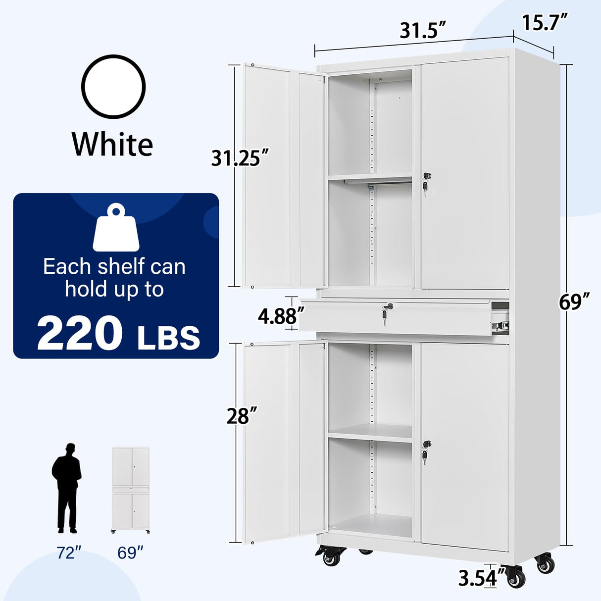 Yizosh Metal Garage Storage Cabinet with Locking Doors and Adjustable Shelves, Rolling Tool Storage Cabinet with 4 Wheels and 1 Drawer - 73" Steel Locking Cabinet for Garage, Warehouse Yizosh
