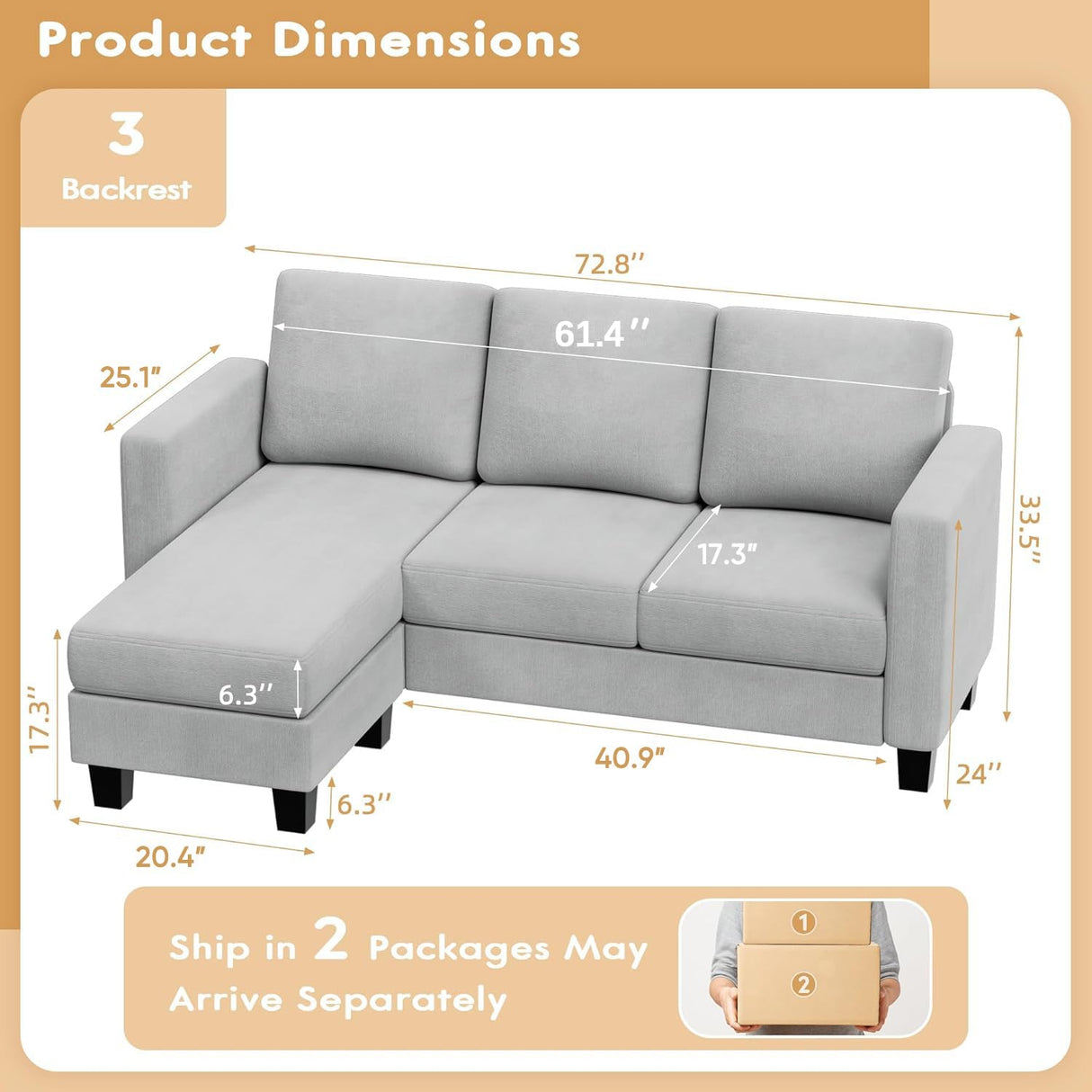 VICTONE Convertible Sectional Sofa Couch, 3 Seat L-Shaped Sofa with Linen Fabric Ottoman Small Couch for Small Apartments, Living Room and Office (Linen Fabric, Light Gray) VICTONE