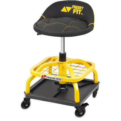 FreekyFit Rolling Shop Stool with Wheels, Garage Work Mechanic Stool with Backrest, Roller Mechanic Chair, Adjustable Height, 360° Swivel, Tool Tray Storage, 330 LBS Capacity, Heavy Duty, Yellow