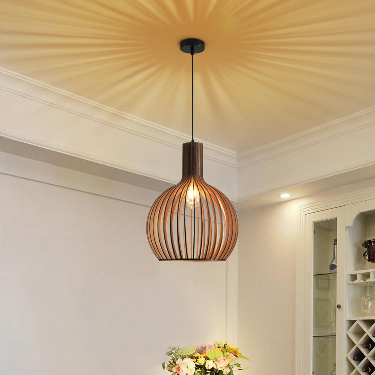 YNDD Wood Pendant Light, E26 Base Hanging Lamp Indoor, Natural Wooden Hand Made Chandelier, Boho Height Adjustable Dining Table Hanging Lamp for Hotel Bar Café Kitchen Island Hallway Entryway YNDD