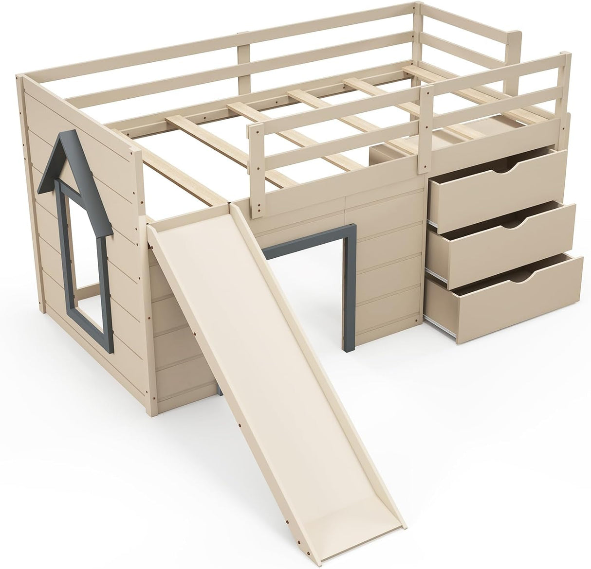 KOMFOTT Twin Low Loft Bed with 3 Storage Drawers & Underneath House, Wood Loft Bed with Slide, Ladder, Guardrails & Under-Bed Play Space, Kids Twin Loft Bed for Girls & Boys, No Box Spring Needed KOMFOTT