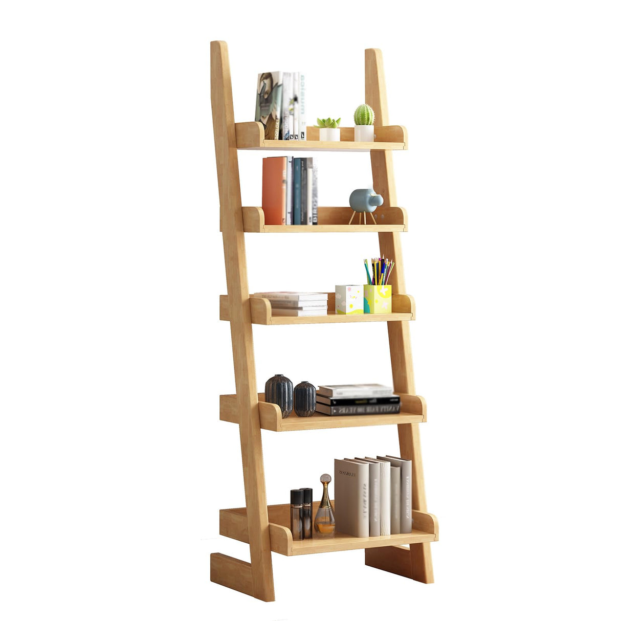 BFECGDXT 5 Tier Ladder Bookshelf, Wooden Ladder Shelf Bookcase Space-Saving, Freestanding Storage Rack Organizer for Living Room, Home Office and Bedroom, Wood Color BFECGDXT
