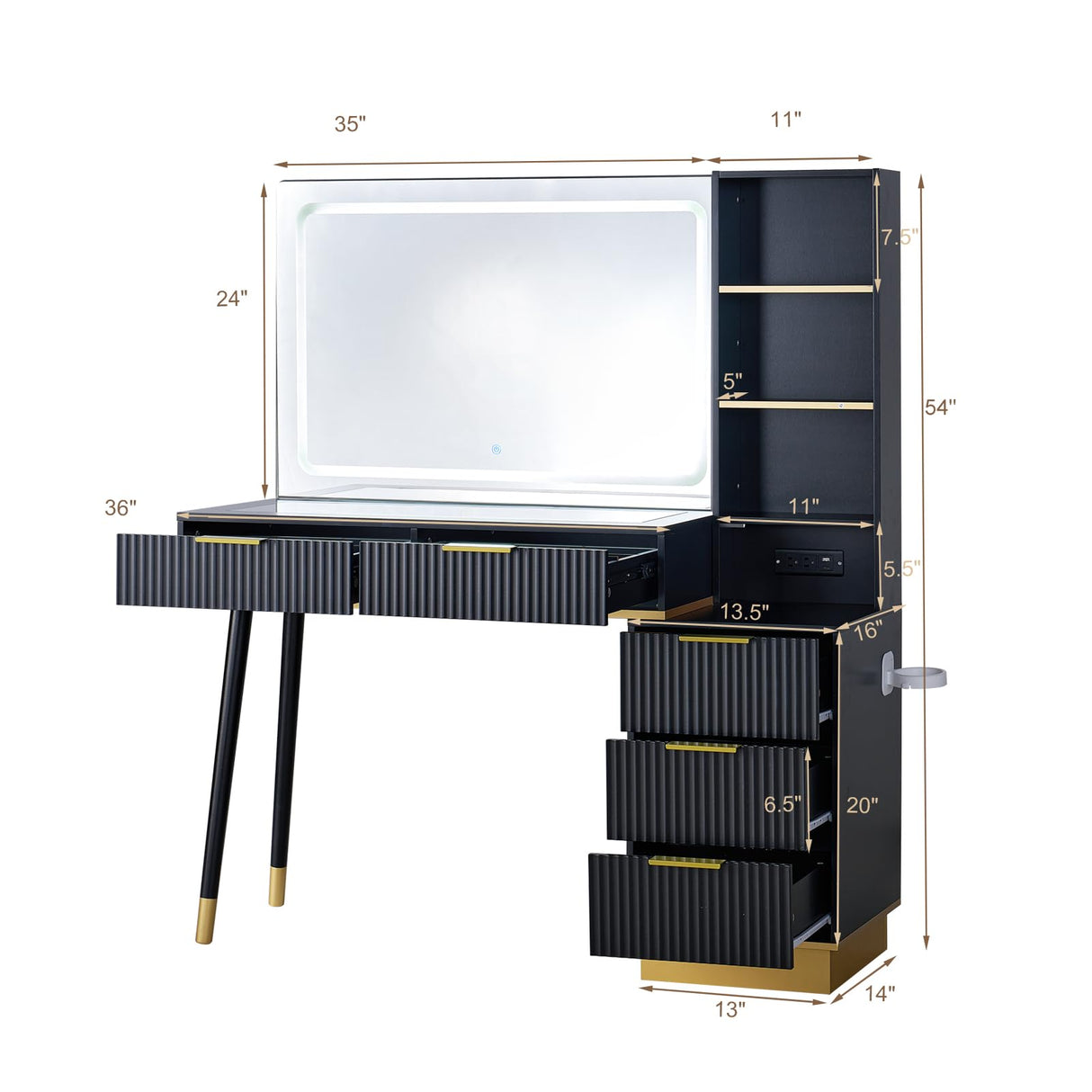 LUXOAK 54" Tall Vanity Desk with 35" W x 24" H Large Mirror and Lights, Large Makeup Vanity Table with 5 Drawers, 3 Shelves and Charging Station, Glass Top Desk for Bedroom, Dressing Room, Black LUXOAK