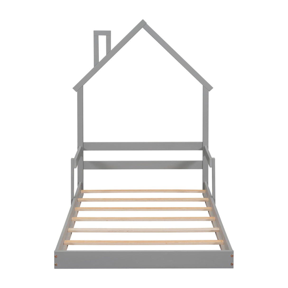 PVWIIK Twin Floor Bed with Roof & Safety Guardrails,Montessori Floor Bed for Boys Girls Bedroom,No Box Spring Needed, Grey PVWIIK