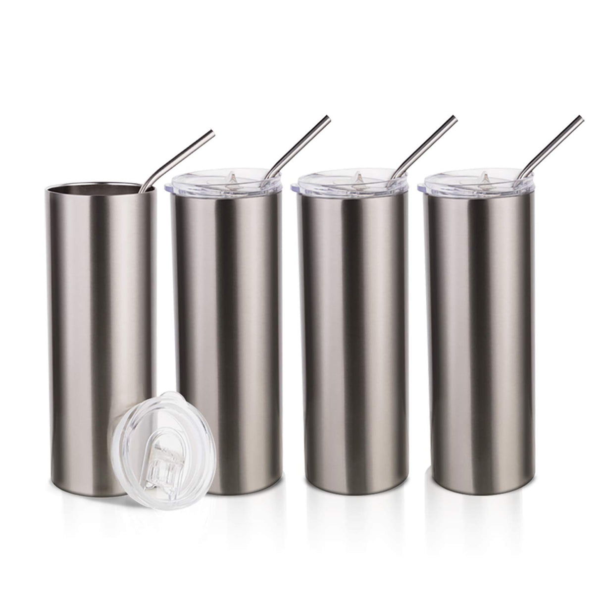PYD Life Sublimation Blanks Skinny Tumbler Cups Silver 20 OZ Stainless Steel Straight Tumbler with Metal Straw for Tumbler Heat Press Sublimation Oven Printing 4 Pack PYD Life