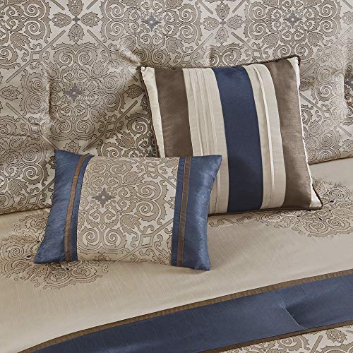 Madison Park Essentials Delaney 24-Piece Room In A Bag Comforter Set-Satin Jacquard All Season Luxury Bedding, Sheets, decorative pillows and Curtains, Valance, Cal King(104"x92"), Medallion Navy Madison Park