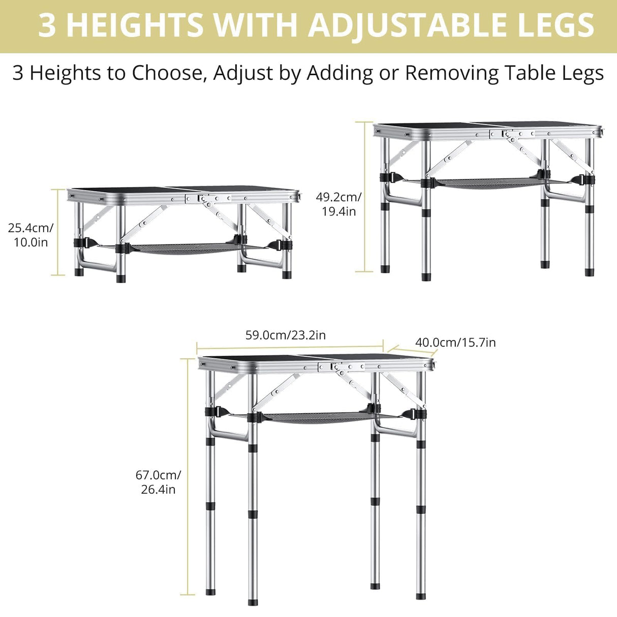 Anbte Folding Camping Table, Aluminum 24" x 16" Adjustable Height Small Folding Table with Carrying Handle, Lightweight, Portable Camping Table Waterproof for Outdoor Indoor Picnic Beach BBQ (Black) Anbte