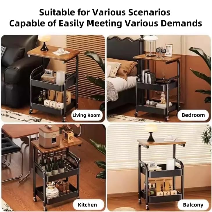 3 Tier Metal Rolling Utility Cart Organizer with Walnut Table Top, Stable and Sturdy Rolling Storage Carts with 2 Lockable Wheels for Kitchen,Bathroom,Snacks,Coffee,Craft,Makeup,Baby Essentials MASHART