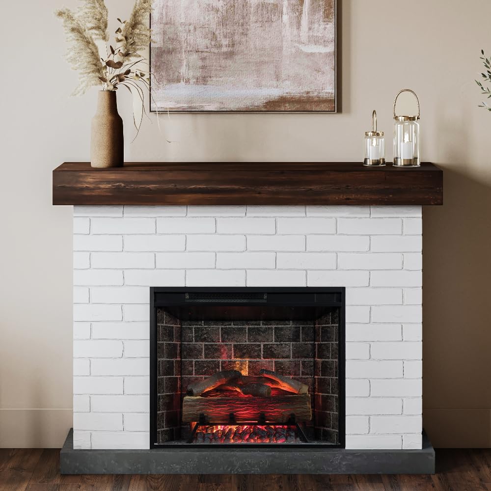 Country Living Jackson 55 Inch Mantel Package | Wood Mantel with White Brick Surround | 28 Inch Smart Electric Fireplace Insert w/Remote | Alexa & Google Compatible | Multi-Color LED Flames | 1500W Country Living