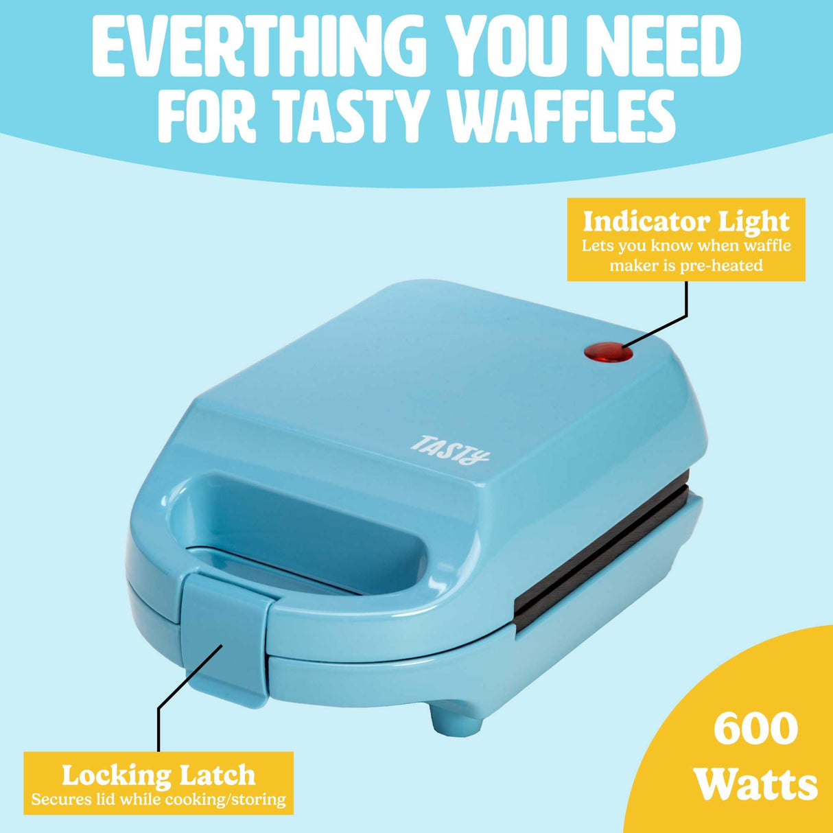 Tasty Mini Nonstick Waffle Maker, Perfect for Individual Waffles, Hash Browns, Brownies and more, Quick Results, Easy Clean Up, 600W, Blue Tasty
