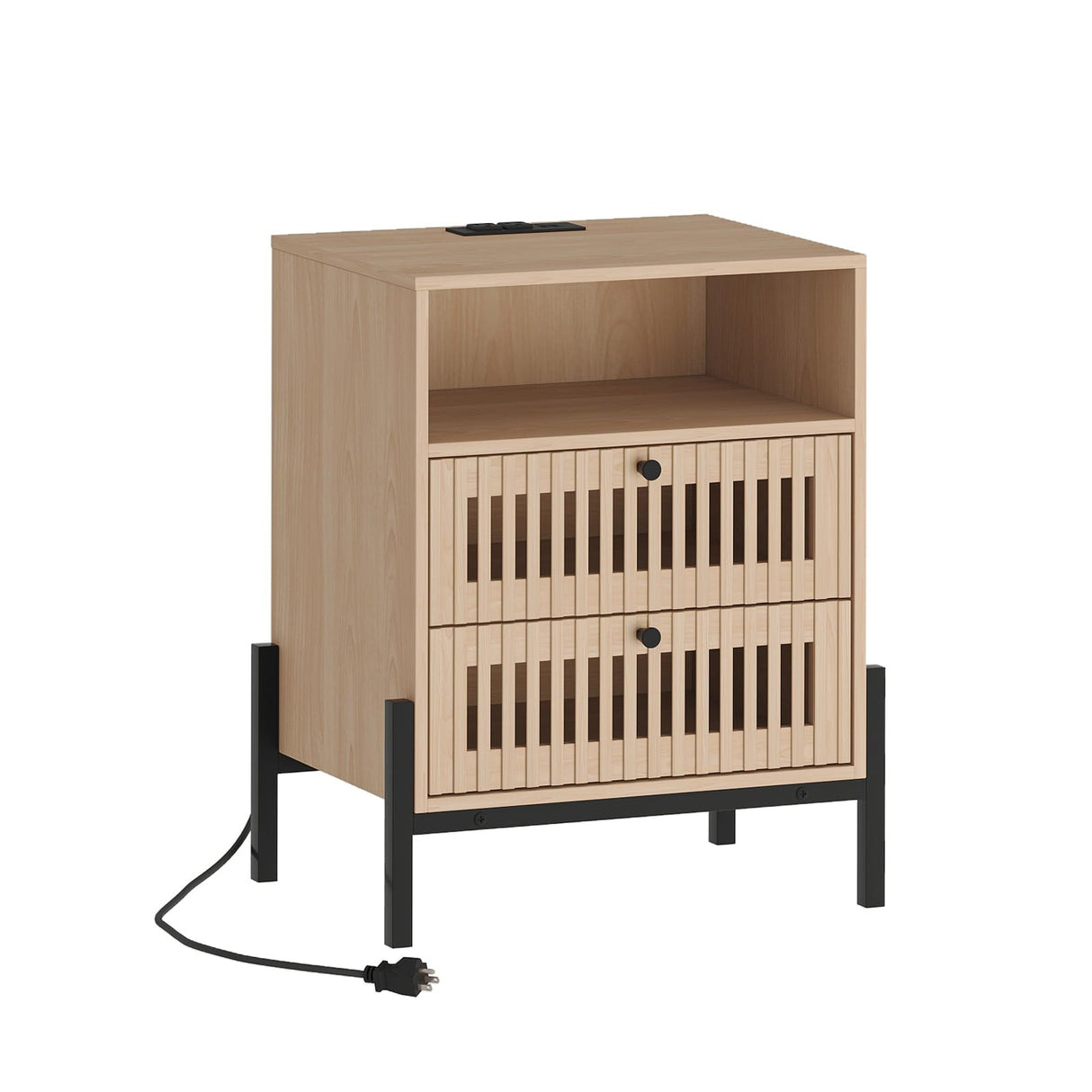 Vabches Fluted Nightstand with Charging Station and USB Ports, End Table with 2 Storage Drawers and Open Shelf, Sofa Side Table for Bedroom, Living Room, Set of 1 Vabches