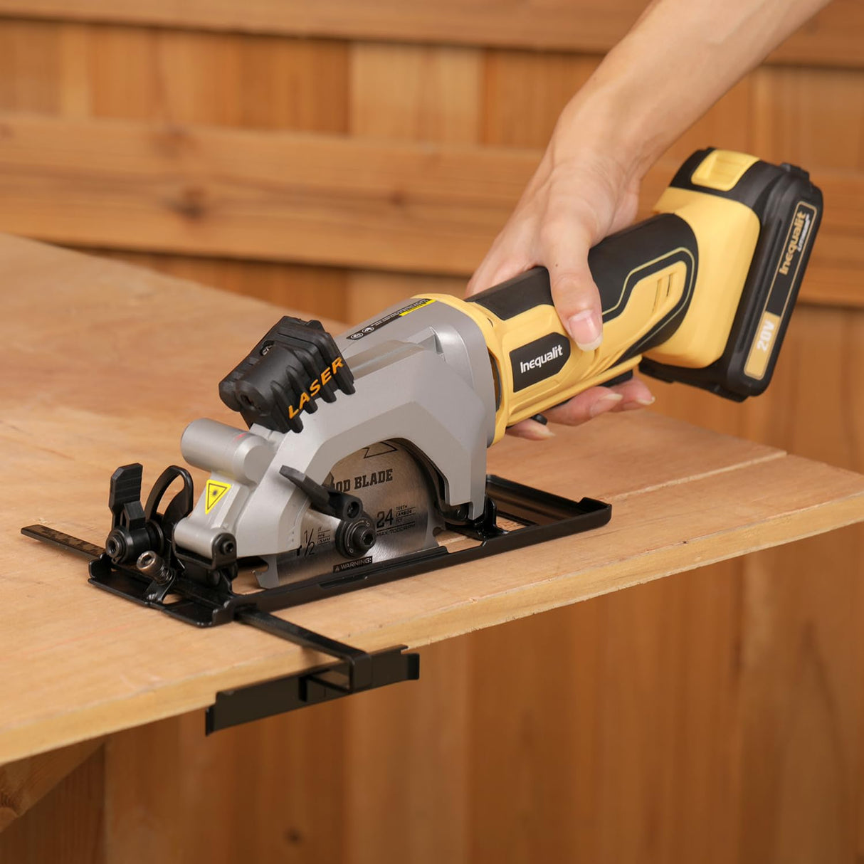 Inequalit 4-1/2 Inch Mini Circular Saw, 3400 RPM Cordless Circular Saw with Laser Guide, Rip Guides, 2 Blades (24T Wood + 60T Metal), Max Cutting Depth 1-11/16" (90°), 1-1/8" (45°)" Inequalit