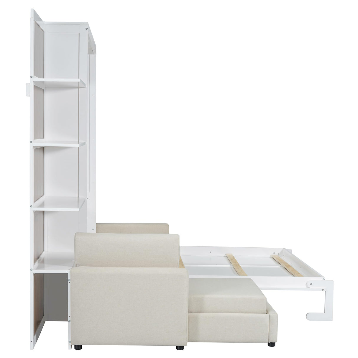 HABITRIO Queen Size Murphy Bed, Wooden Queen Murphy Bed Frame with Shelves, Wall Bed with L-Shape Sofa, White HABITRIO
