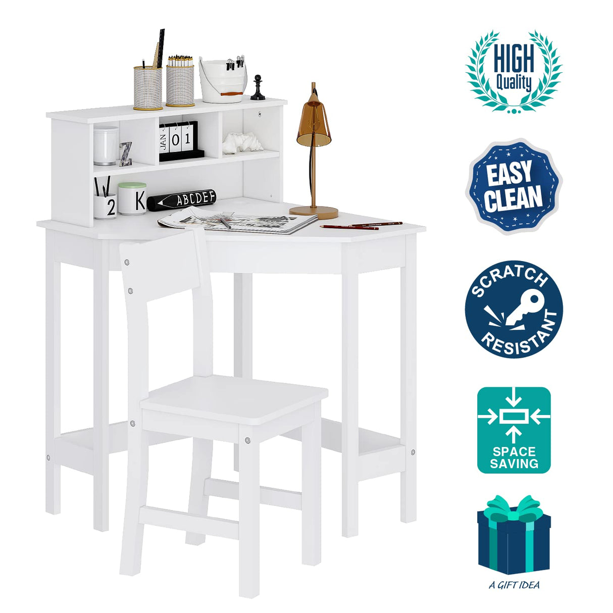 UTEX Kids Desk,Wooden Study Desk with Chair for Children,Writing Desk with Storage and Hutch for Home School Use,White UTEX