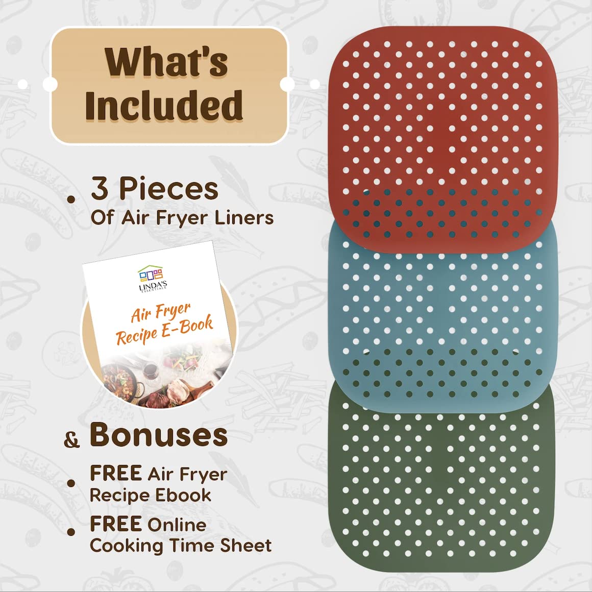 Reusable Silicone Air Fryer Liners 8.5 Inch by Linda’s Essentials (3 Pack, Square) - Non Stick Easy Clean Air Fryer Liners Reusable Mats Air Fryer Accessories Includes Cheat Sheet And Recipe Book Linda's Essentials